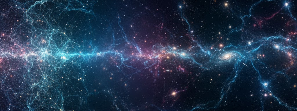 Conceptual image of a single point of light connecting the micro (quantum) and macro (cosmic) scales.
