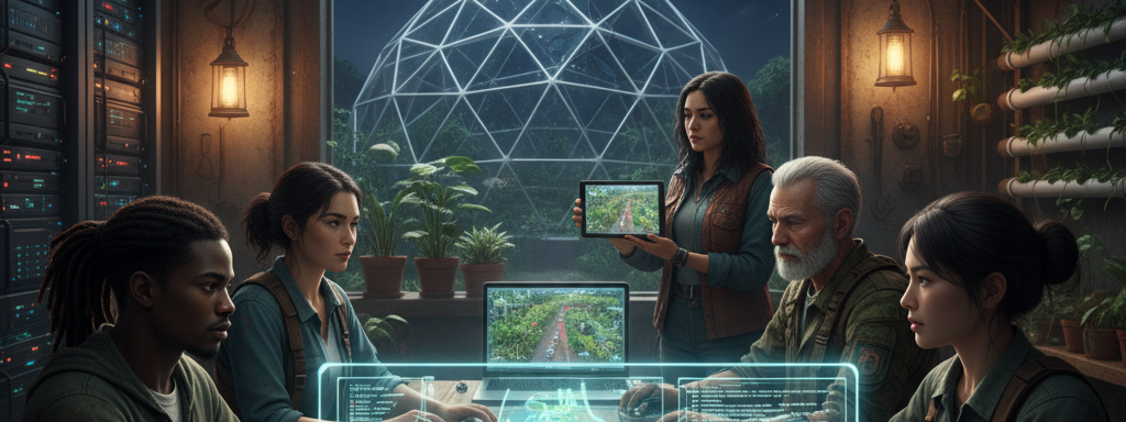 A diverse group of people collaborating on a high-tech console, symbolizing unified effort.